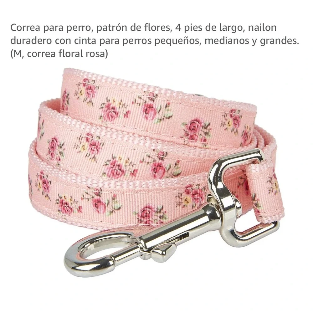 Petry Dog Leash Pink Floral Rose Pattern 4ft Durable Nylon Ribbon Pet Lead M